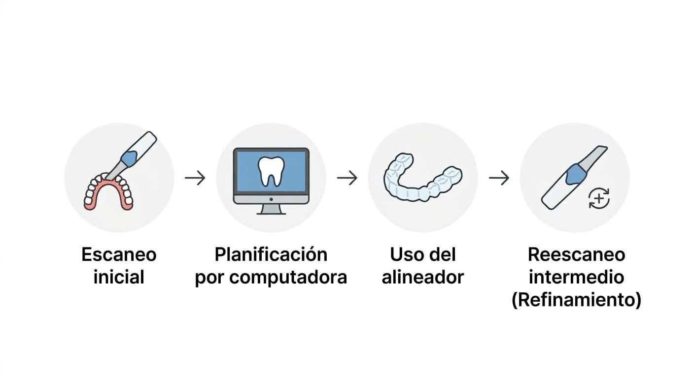 Diagrama de flujo del proceso de tratamiento: escaneo, plan por computadora, uso del alineador y reescaneo intermedio (refinamiento)