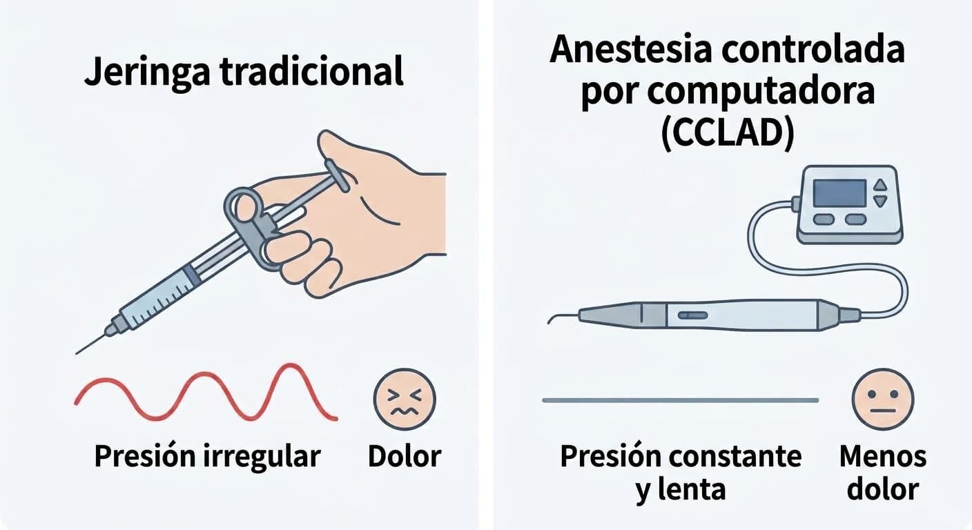 Ilustración comparativa que muestra cómo la jeringa tradicional, presionada a mano, genera presión irregular y más dolor, mientras que el dispositivo de anestesia controlada por computadora aplica presión constante y lenta con menos dolor