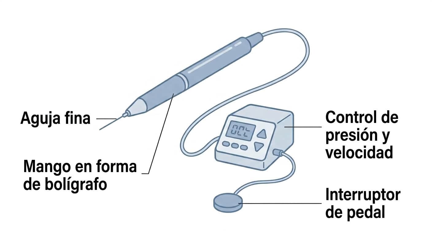 Ilustración que muestra la composición de un dispositivo de anestesia controlada por computadora, formado por un mango en forma de bolígrafo, una aguja fina, un módulo de control de presión y velocidad, y un interruptor de pedal