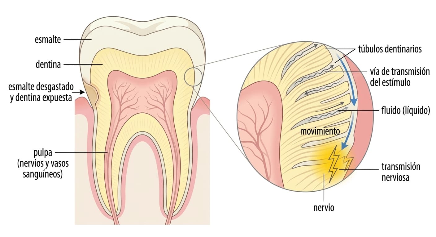 Ilustración del corte transversal de un diente que muestra la ubicación del esmalte, la dentina y la pulpa, junto con un acercamiento al principio de la teoría hidrodinámica: el movimiento del líquido dentro de los túbulos dentinarios estimula el nervio