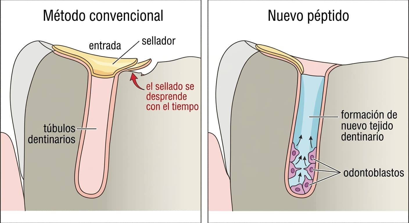 Ilustración que compara, lado a lado, el método convencional, en el que el sellado que tapa la entrada de los túbulos dentinarios se despega con el tiempo, y el método con el péptido, en el que los odontoblastos se reactivan y rellenan los túbulos dentinarios con nueva dentina desde el interior