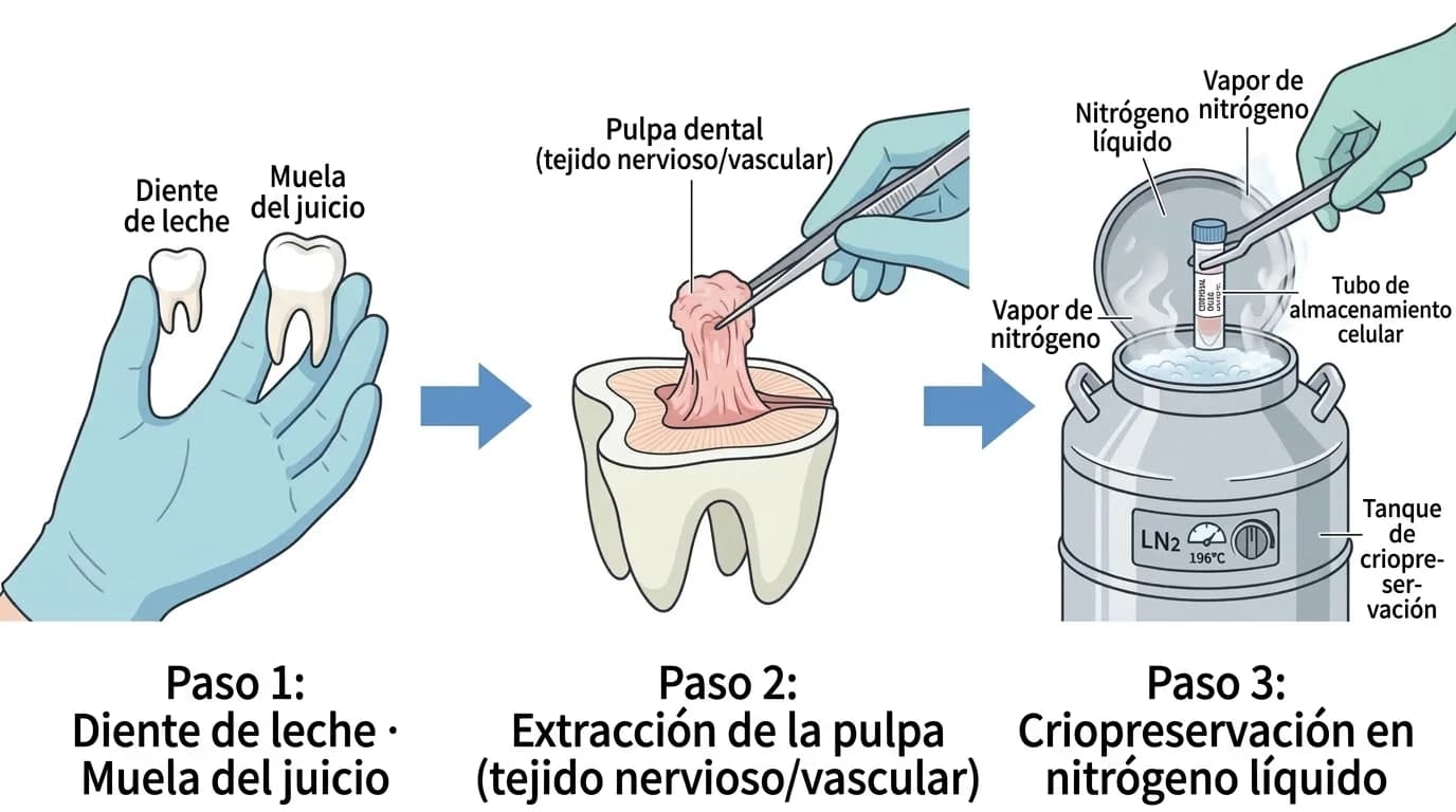Ilustración que muestra el proceso en 3 pasos: separar el tejido pulpar de un diente de leche o una muela del juicio, colocarlo en un tubo de almacenamiento celular y guardarlo en un tanque de nitrógeno líquido
