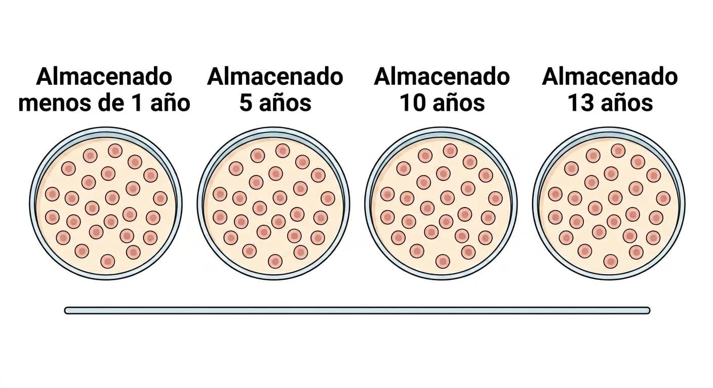 Ilustración que compara, en placas de cultivo colocadas una junto a otra, células madre dentales congeladas y descongeladas tras menos de 1 año, 5 años, 10 años y 13 años. Las cuatro placas muestran una densidad celular similar