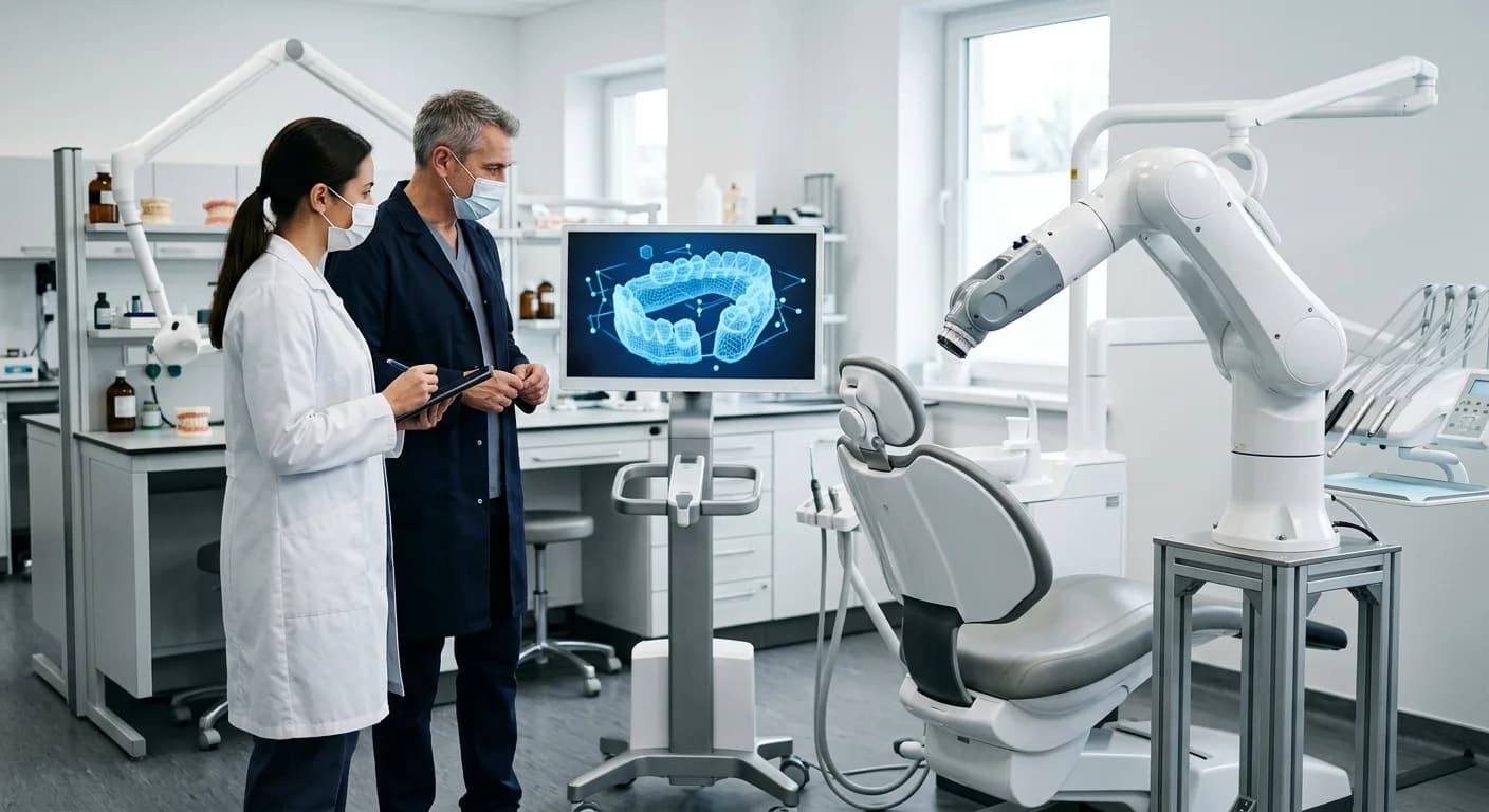Personal médico en un consultorio dental observando una pantalla con el escaneo dental 3D junto a un brazo robótico