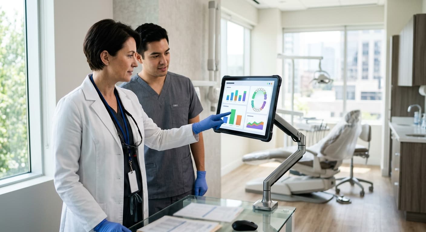 Personal de una clínica dental observando juntos la gráfica de progreso de un tratamiento en la pantalla de una tableta