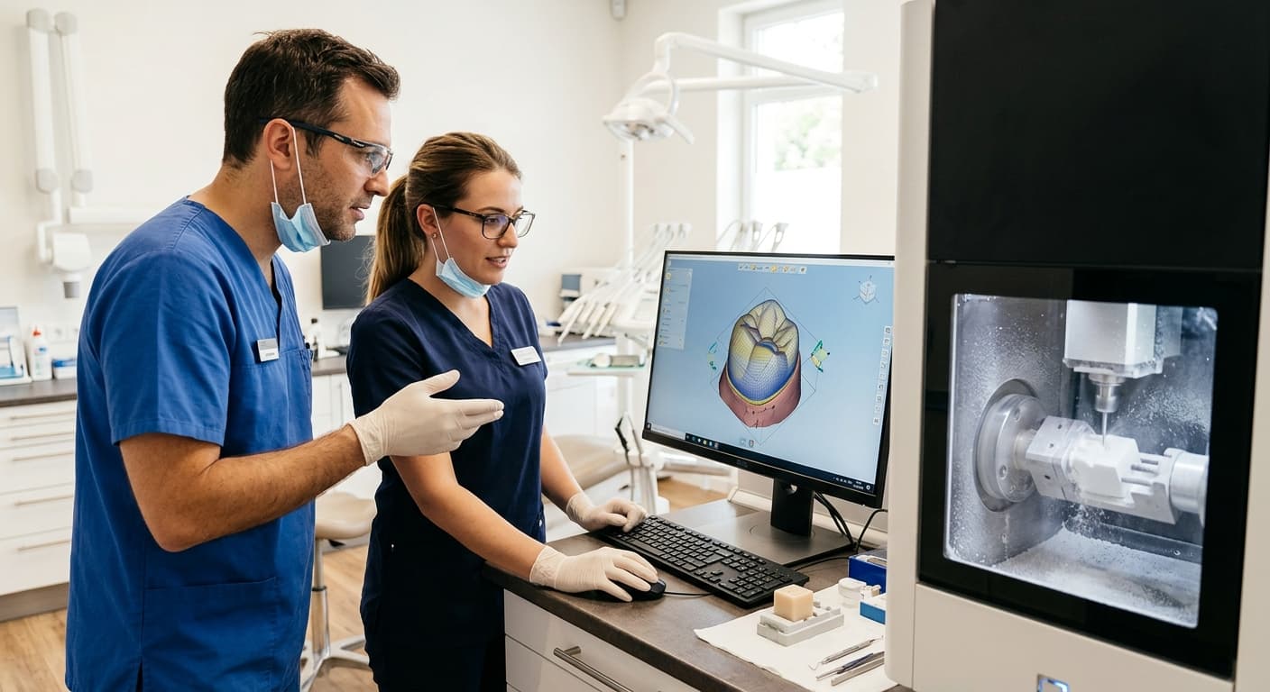 Dos profesionales dentales revisando el diseño de una corona en un monitor mientras una fresadora talla un bloque de cerámica, en un consultorio dental