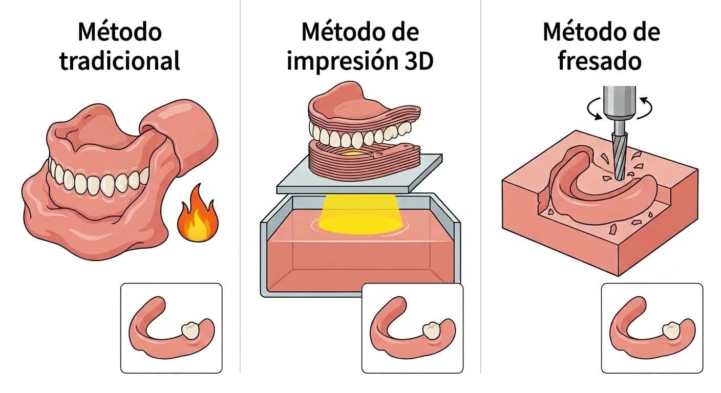 Ilustración que compara lado a lado los tres métodos de fabricación de dentaduras. A la izquierda, el método tradicional, que embebe el diente en una resina similar a una pasta y lo endurece con calor; en el centro, el método de impresión 3D, que apila capas de resina líquida hasta curarla; a la derecha, el método de fresado, que talla un bloque duro con una fresa de corte.