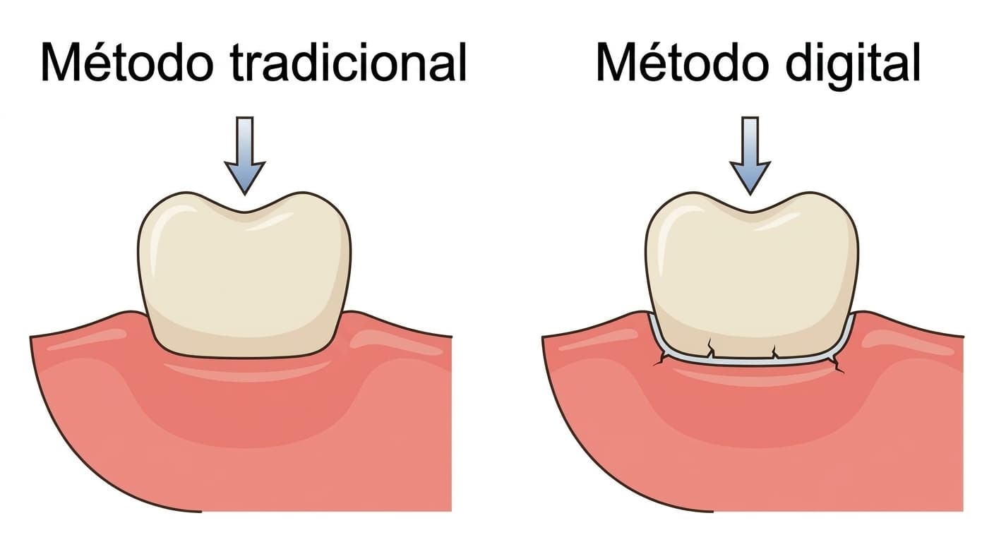 Ilustración que compara mediante dos métodos el corte transversal de la zona donde se encuentran el diente y la base de la dentadura. A la izquierda, el método tradicional muestra una unión lisa y continua sin línea de separación; a la derecha, el método digital muestra pequeñas grietas abiertas a lo largo de la línea de la capa de adhesivo.