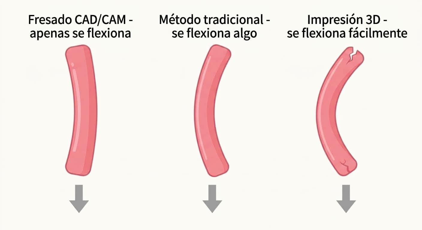 Ilustración conceptual que compara cuánto se flexionan bajo la fuerza masticatoria las dentaduras fabricadas por fresado CAD/CAM, por el método tradicional y por impresión 3D