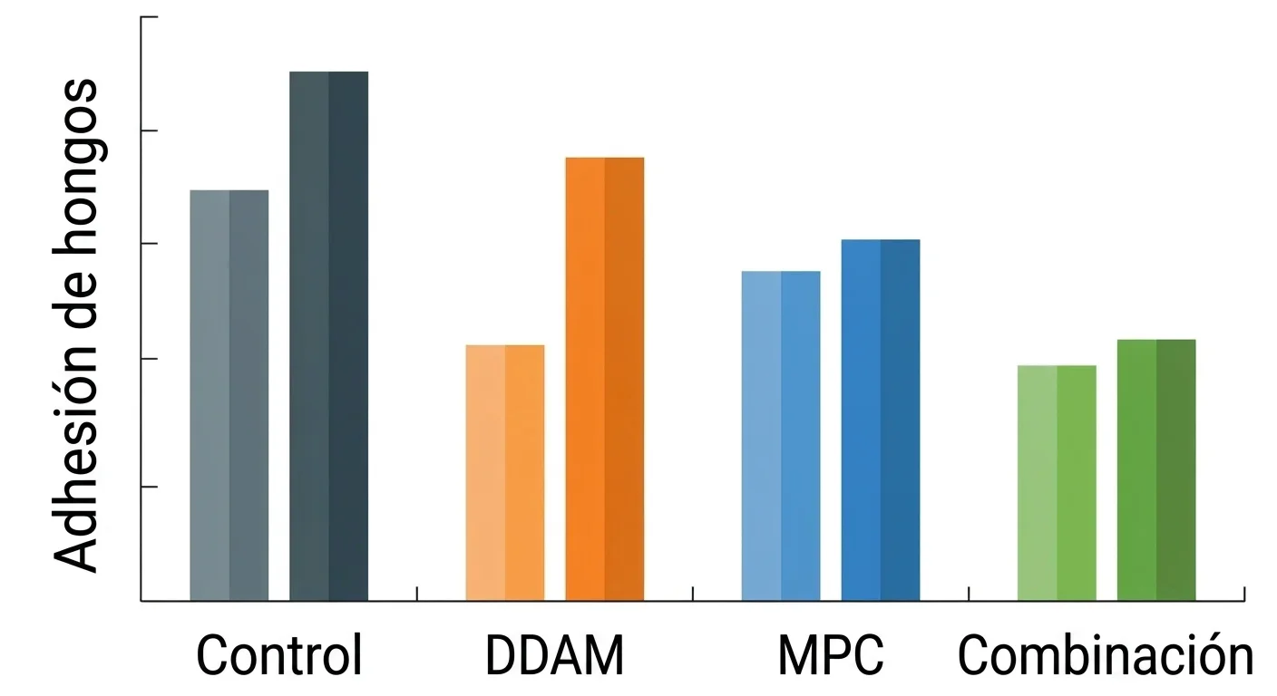 Gráfico de barras que compara la adhesión de hongos antes y después del envejecimiento en los cuatro grupos: control, MPC, DDAM y combinación