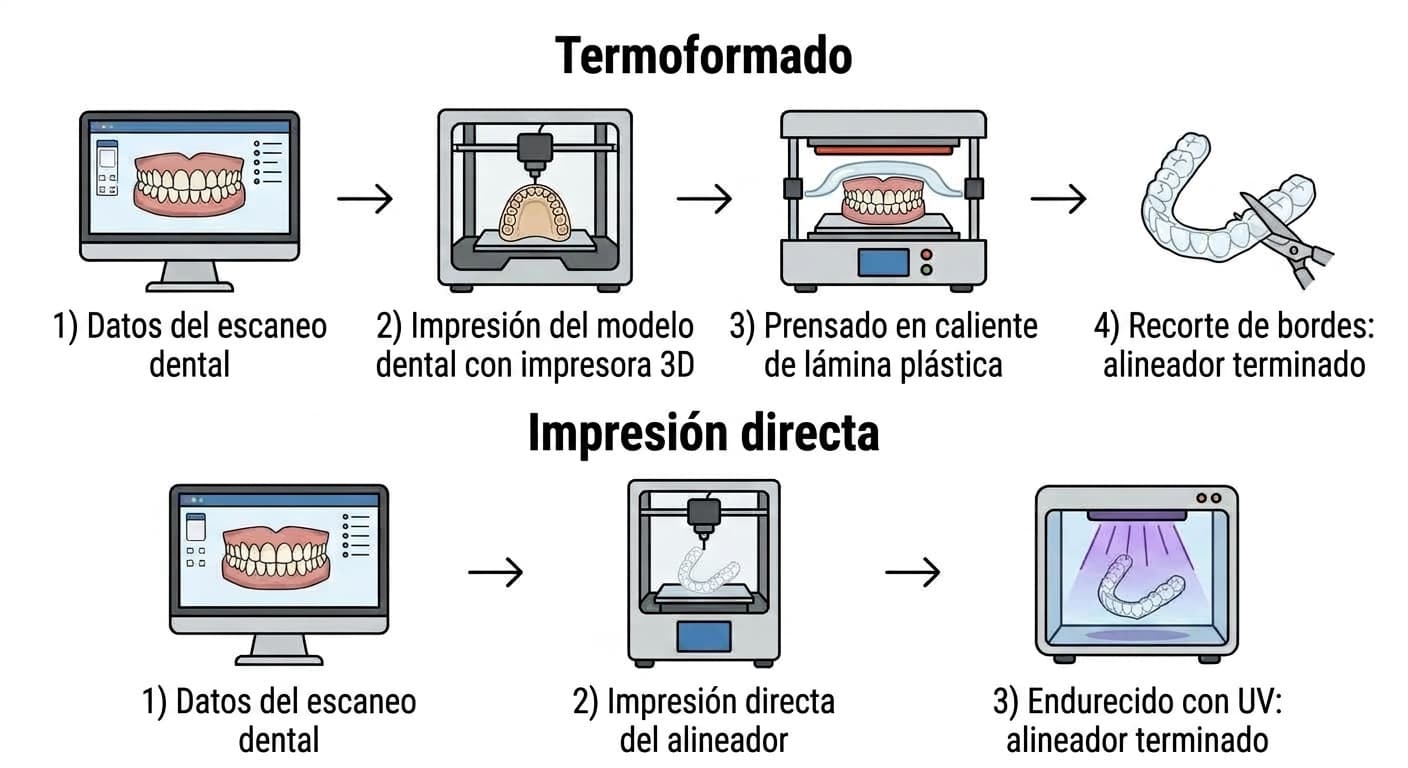 Diagrama que compara en paralelo los procesos de fabricación de alineadores por termoformado e impresión directa