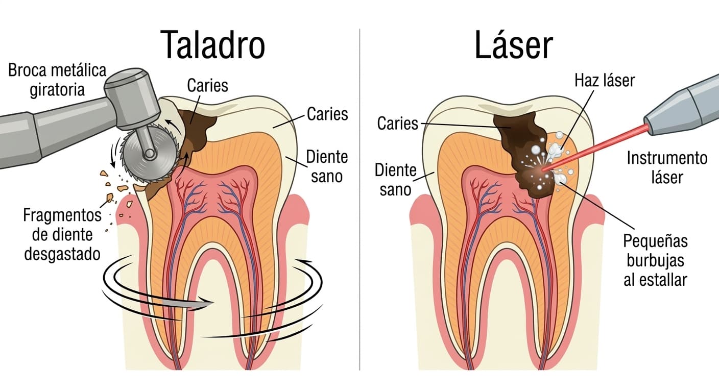 El torno desgasta con una fresa giratoria tanto la caries como el diente sano, mientras que el láser se absorbe solo en el tejido cariado, rico en agua, y lo elimina como si estallaran pequeñas burbujas