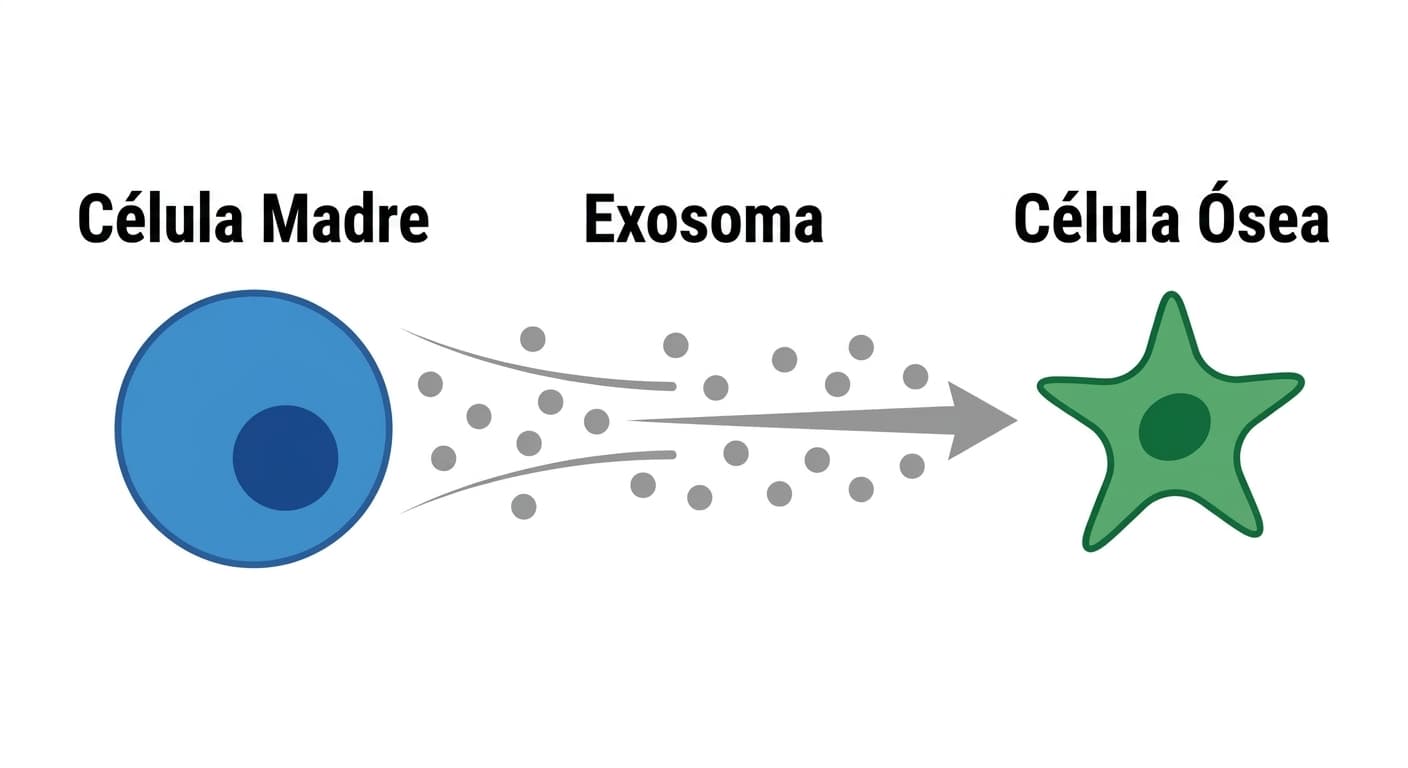 Esquema que muestra cómo el exosoma, una pequeña bolsa de señales liberada por la célula madre, se desplaza hacia la célula ósea y le transmite una señal