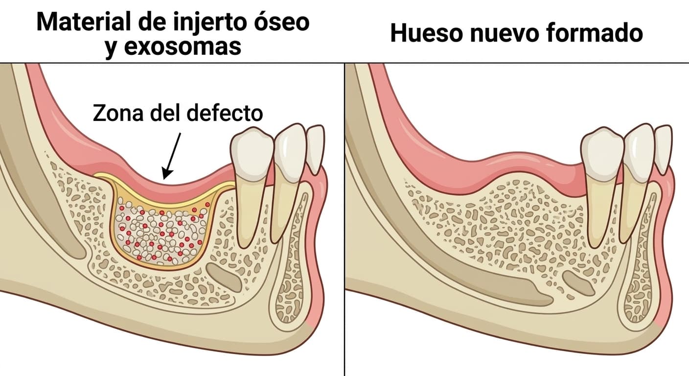 Corte transversal que compara la zona de un defecto óseo mandibular rellenada con material de injerto óseo y exosomas, con la misma zona meses después ya cubierta de hueso nuevo