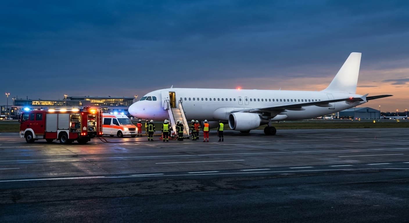 Camiones de bomberos y ambulancias esperando junto a un avión que realizó un aterrizaje de emergencia en la pista