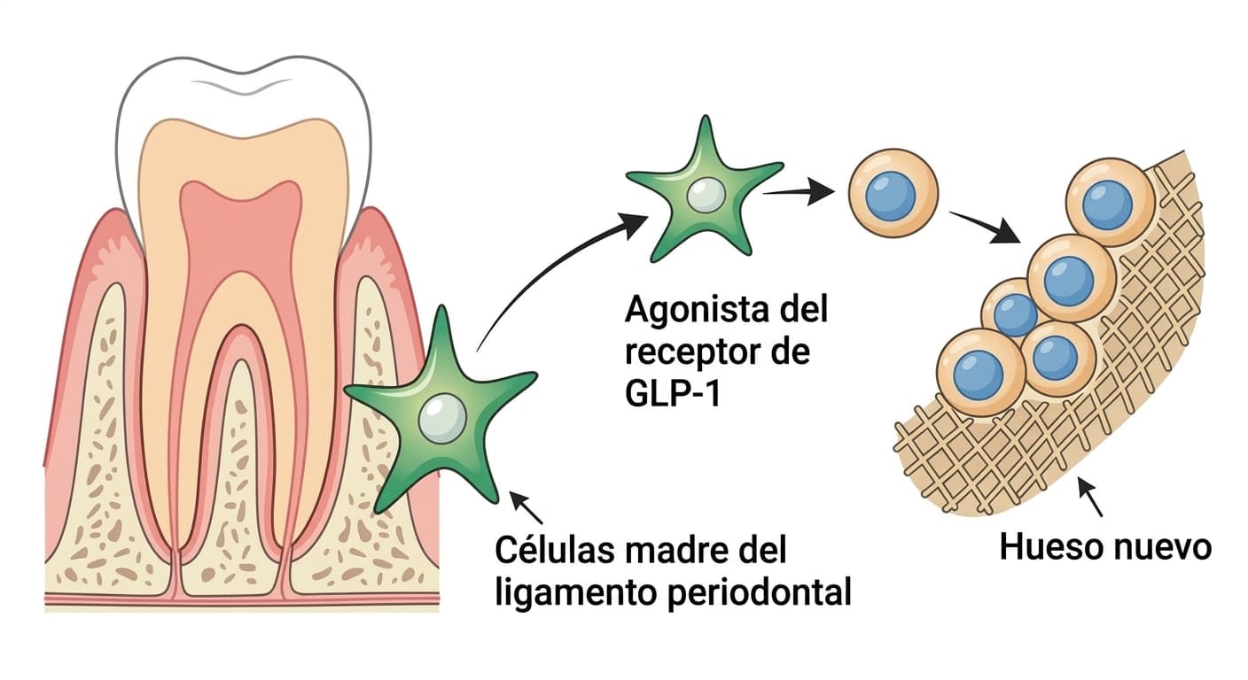 Proceso por el cual las células madre del ligamento periodontal se diferencian en células formadoras de hueso por acción de los agonistas del receptor de GLP-1 y forman nuevo tejido óseo