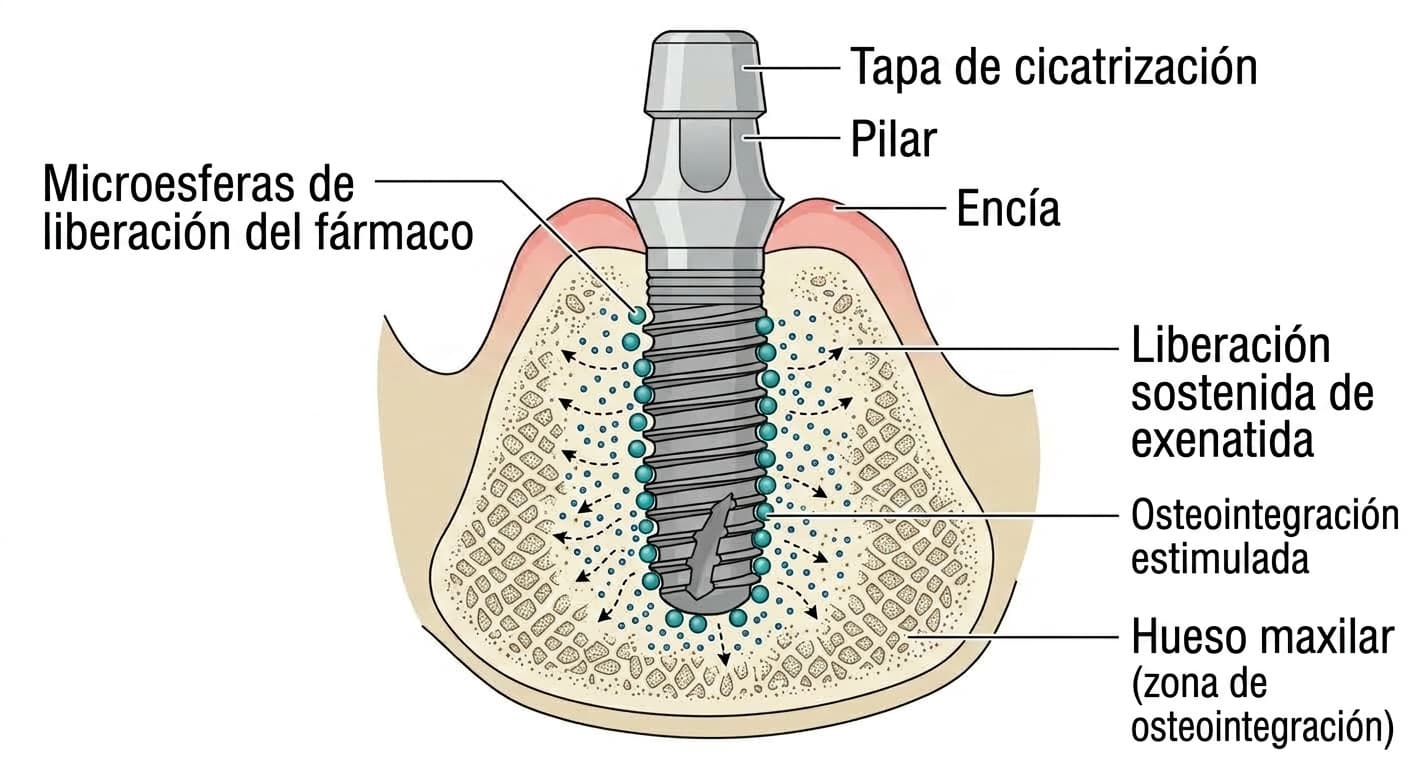 Microesferas de liberación de fármaco adheridas a la superficie del implante que liberan exenatida lentamente y estimulan la osteointegración en el hueso maxilar circundante