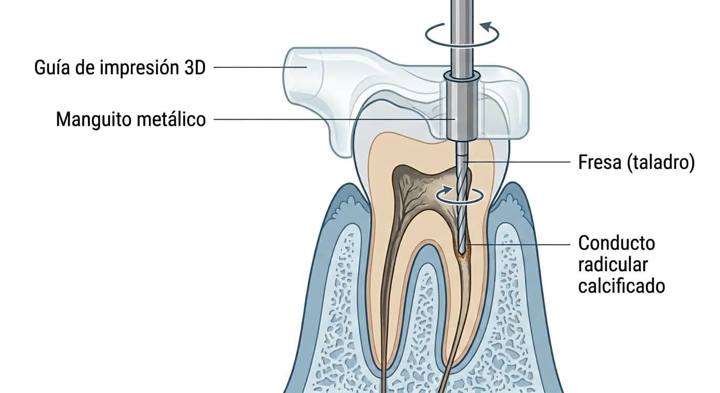 La fresa guiada por el manguito metálico insertado en la guía impresa en 3D hasta la entrada del conducto radicular calcificado