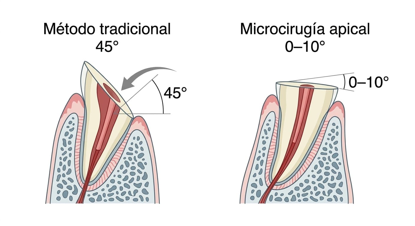 Corte transversal que compara el ángulo de corte de la apicectomía: 45° en el método tradicional frente a 0-10° en la microcirugía apical