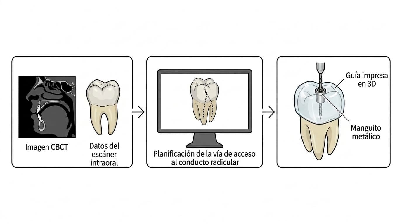 Proceso en tres etapas donde se superponen la imagen CBCT y los datos del escáner intraoral para planificar la vía de acceso al conducto radicular, y luego se coloca sobre el diente una guía impresa en 3D con un manguito metálico para introducir la fresa