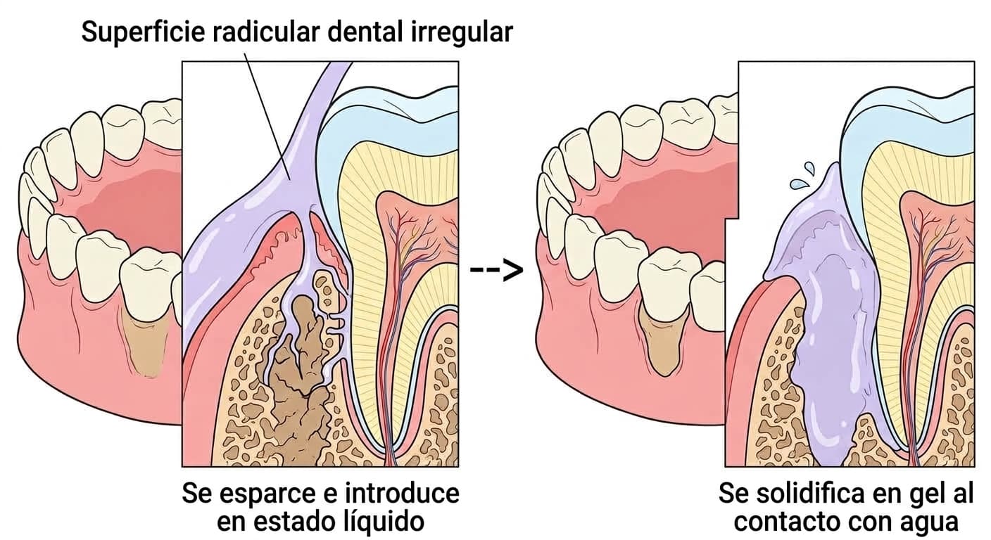 Corte transversal que muestra, lado a lado, cómo el material en estado líquido se extiende por las grietas de la superficie radicular y cómo se solidifica en gel al contacto con el agua