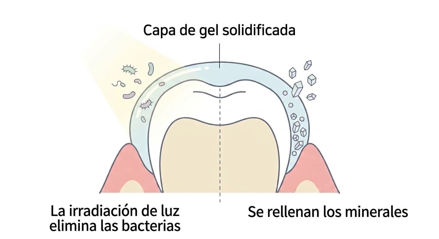 Corte transversal que muestra la luz incidiendo sobre la capa de gel solidificada mientras las bacterias desaparecen, y debajo, nuevos cristales minerales rellenando la superficie de la raíz dental