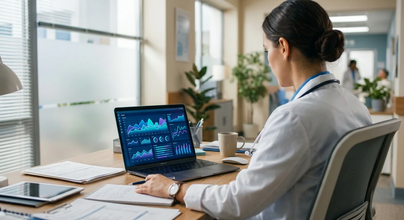Vista posterior de un profesional de la salud observando gráficos de datos abstractos en la pantalla de una laptop
