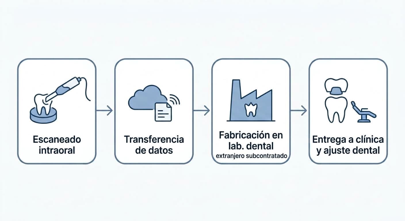 Ilustración que enlaza con flechas las cuatro etapas: escaneado intraoral, transferencia de datos, fabricación en un laboratorio dental subcontratado en el extranjero y entrega a la clínica dental