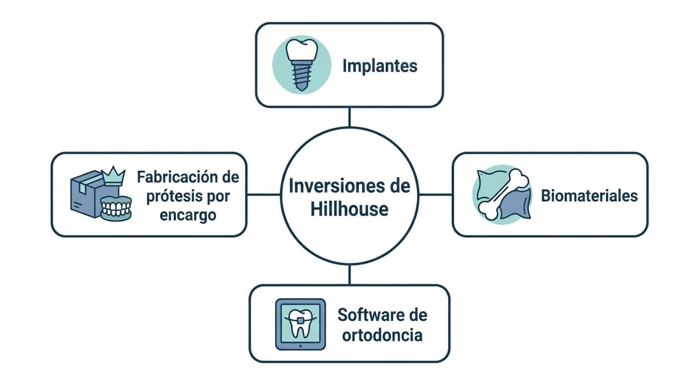 Ilustración que conecta con líneas un círculo central a cuatro áreas: implantes, biomateriales, software de ortodoncia y fabricación de prótesis por encargo