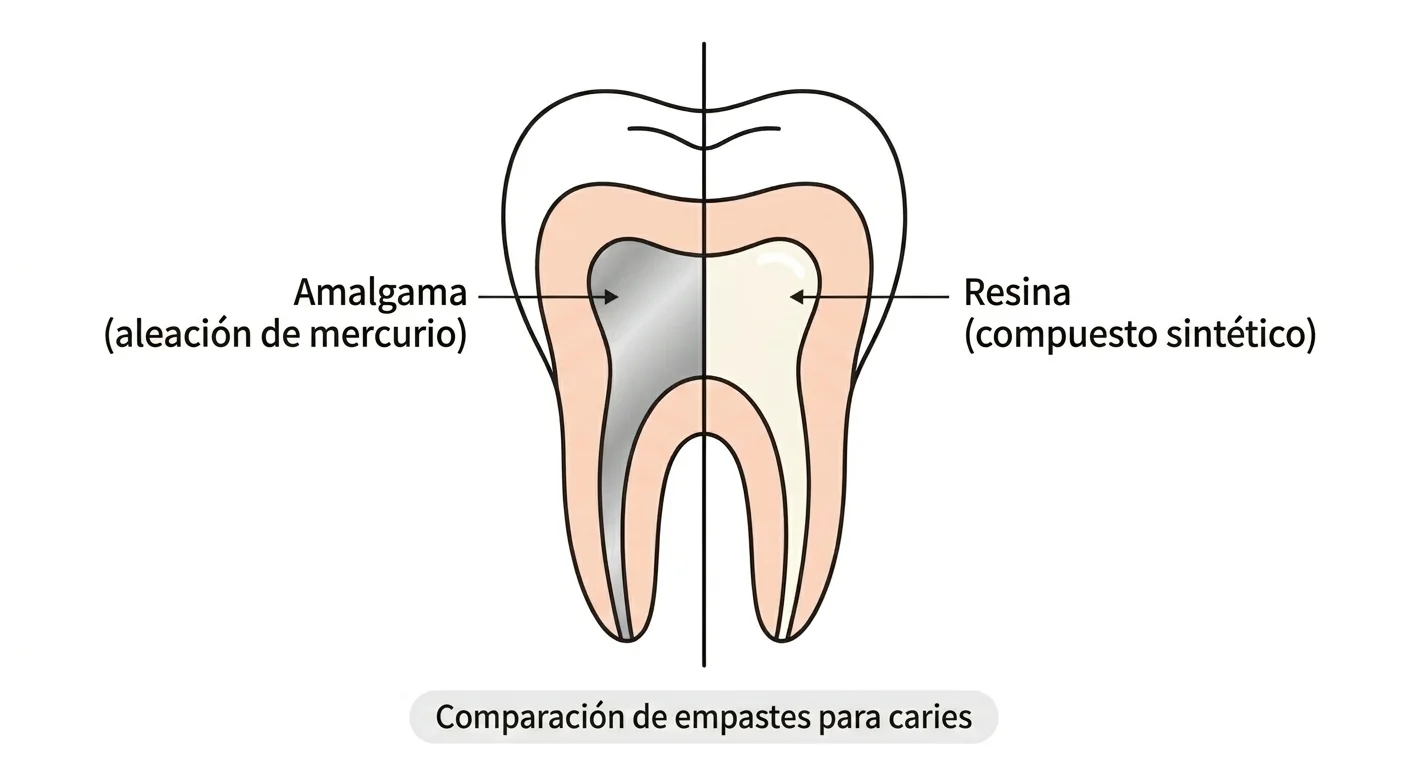 Ilustración que compara, lado a lado, un corte de diente con la caries rellenada con amalgama y otro con resina