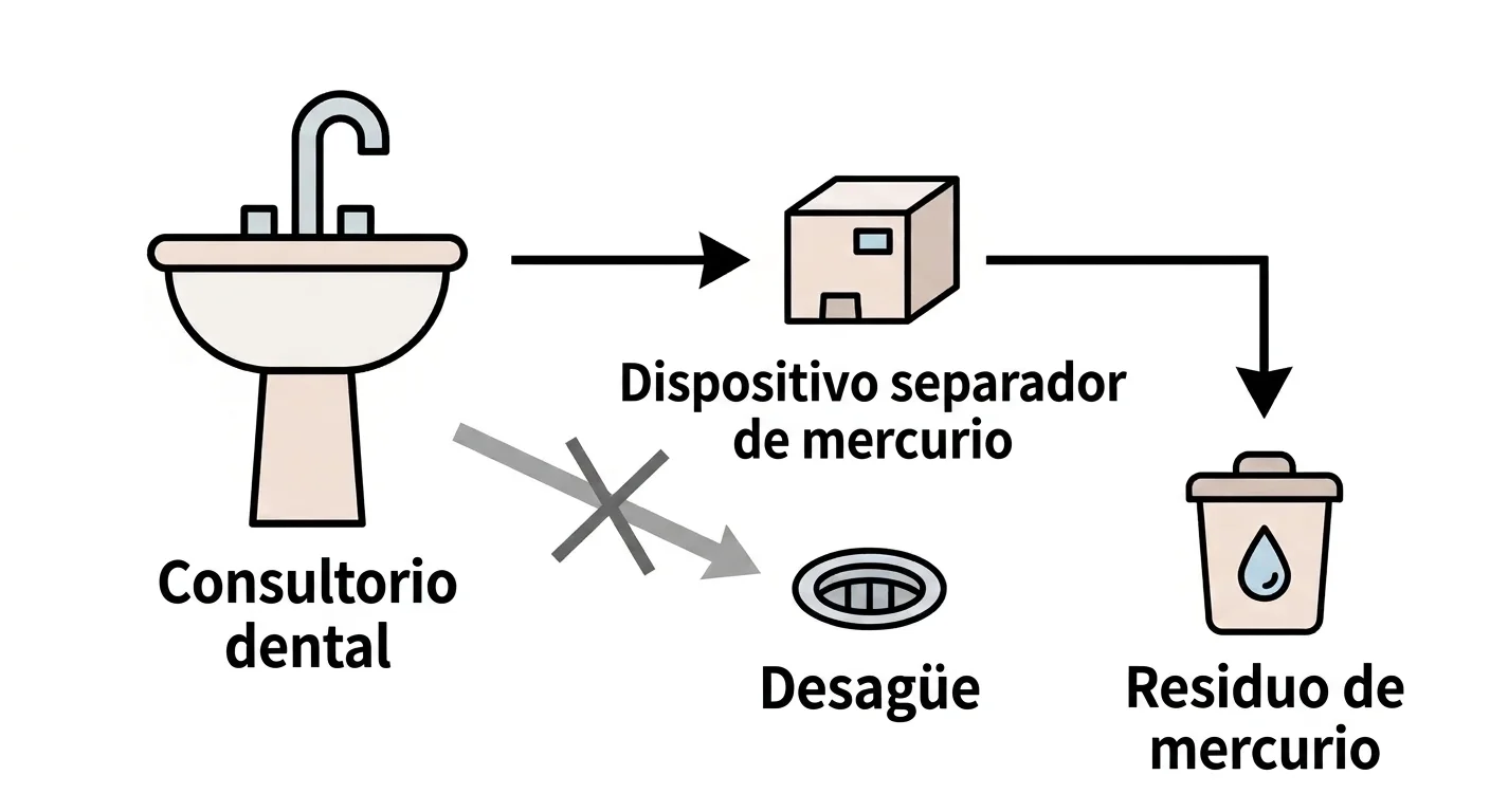 Diagrama de flujo que muestra cómo el mercurio del consultorio dental se separa como residuo aparte tras pasar por un dispositivo separador, con la vía hacia el desagüe bloqueada