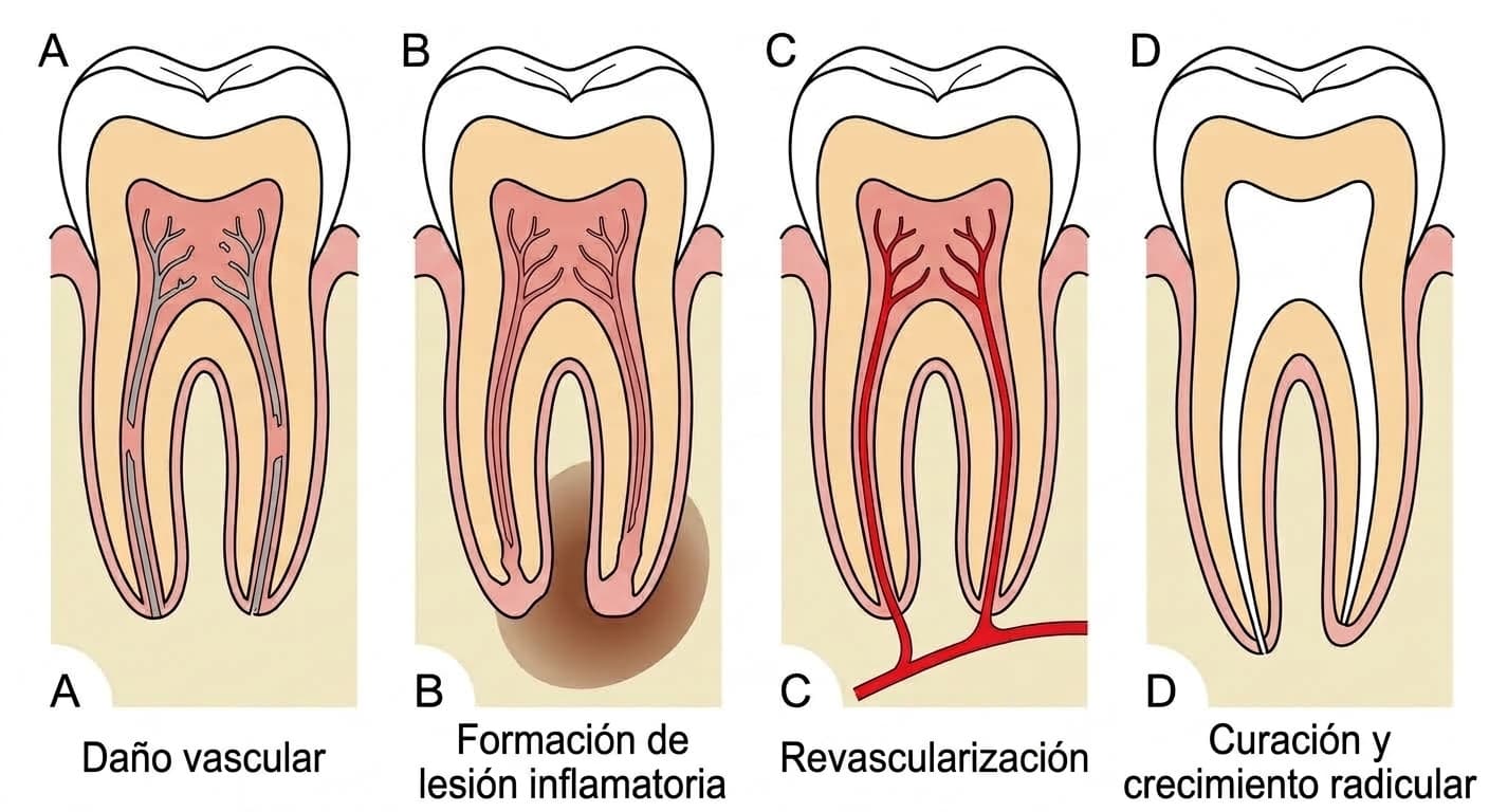 Esquema de las cuatro etapas en las que, tras un traumatismo, los vasos sanguíneos del ápice de una raíz con la pulpa necrosada se interrumpen y luego vuelven a crecer, permitiendo la curación