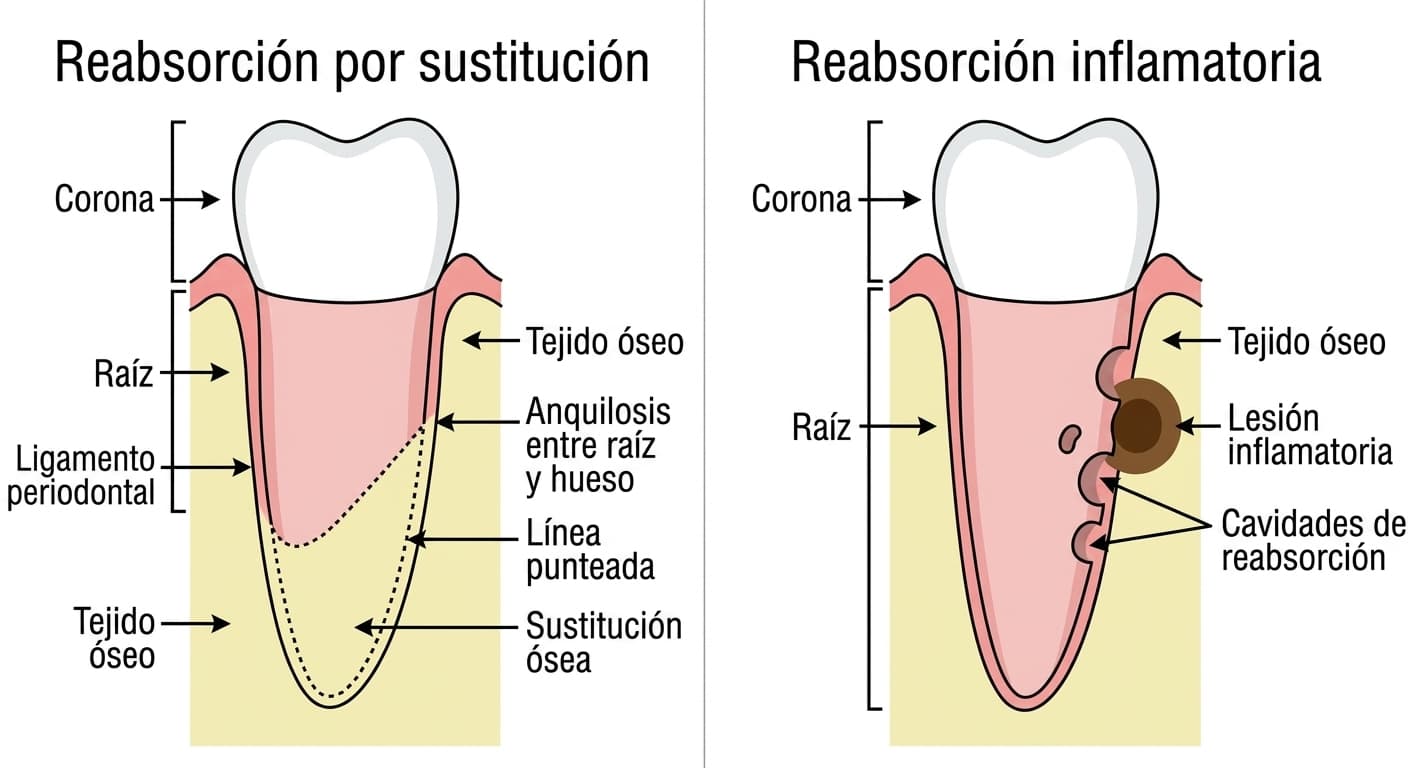 Esquema comparativo entre la reabsorción por sustitución, en la que la raíz se transforma gradualmente en tejido óseo, y la reabsorción inflamatoria, en la que la superficie radicular se erosiona junto con una lesión inflamatoria