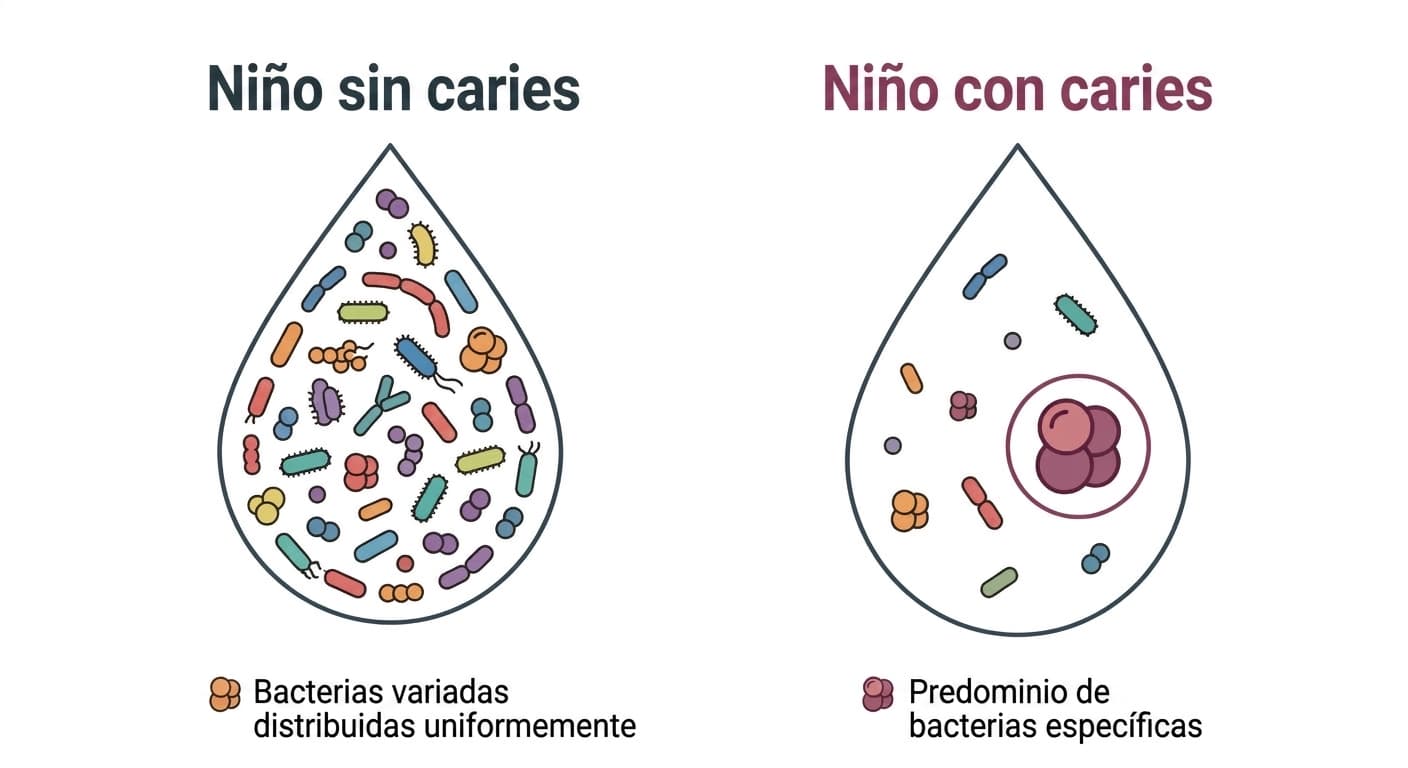 Ilustración que compara la composición bacteriana de la saliva entre un niño sin caries y un niño con caries. A la izquierda, diversas bacterias distribuidas de manera uniforme; a la derecha, predominio de bacterias específicas