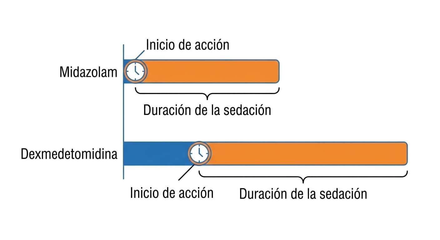Ilustración de línea de tiempo que muestra cómo el midazolam actúa rápido y termina pronto, mientras que la dexmedetomidina empieza a actuar más tarde pero mantiene la sedación durante más tiempo