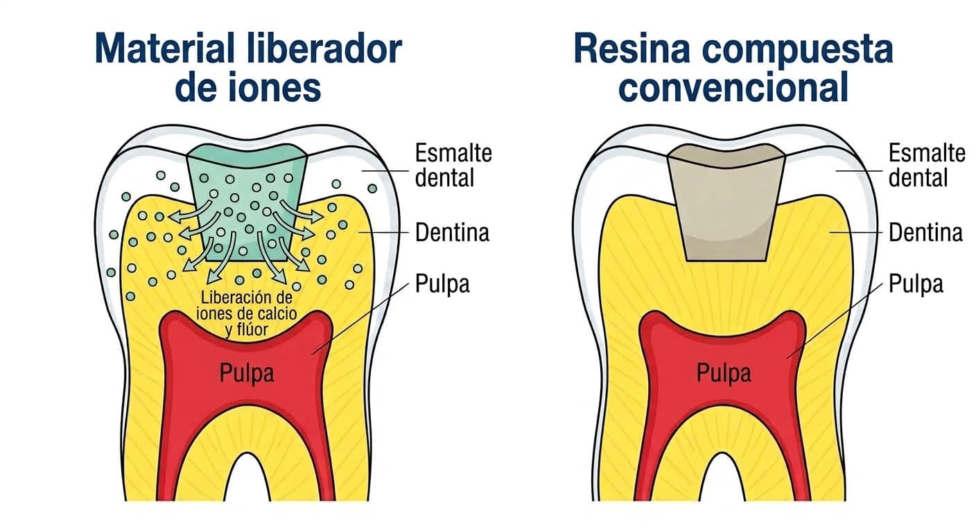 Esquema conceptual de una sección dental que compara un material de obturación liberador de iones con una resina compuesta convencional. Los iones liberados varían según el material