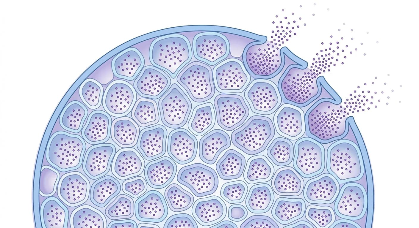 Partícula liposomal esférica dividida en múltiples compartimentos pequeños de la que se liberan poco a poco partículas del fármaco