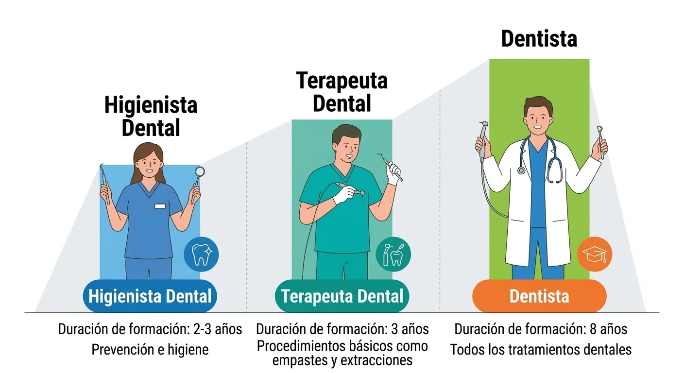Ilustración que compara la duración de la formación y el alcance de atención de los higienistas dentales, terapeutas dentales y dentistas