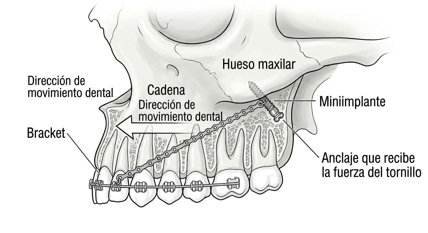 Ilustración que muestra un pequeño tornillo insertado en ángulo en el hueso detrás del molar superior, con una cadena enganchada al tornillo que tira de toda la arcada dental hacia atrás