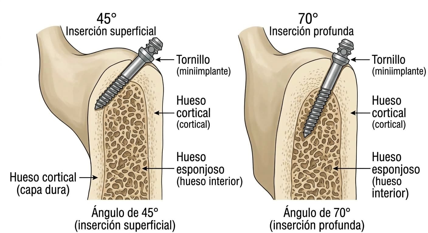 Ilustración que compara un tornillo insertado a 45° y otro a 70° en el mismo hueso maxilar, mostrando que el tornillo insertado a 70° atraviesa una capa de hueso cortical más gruesa