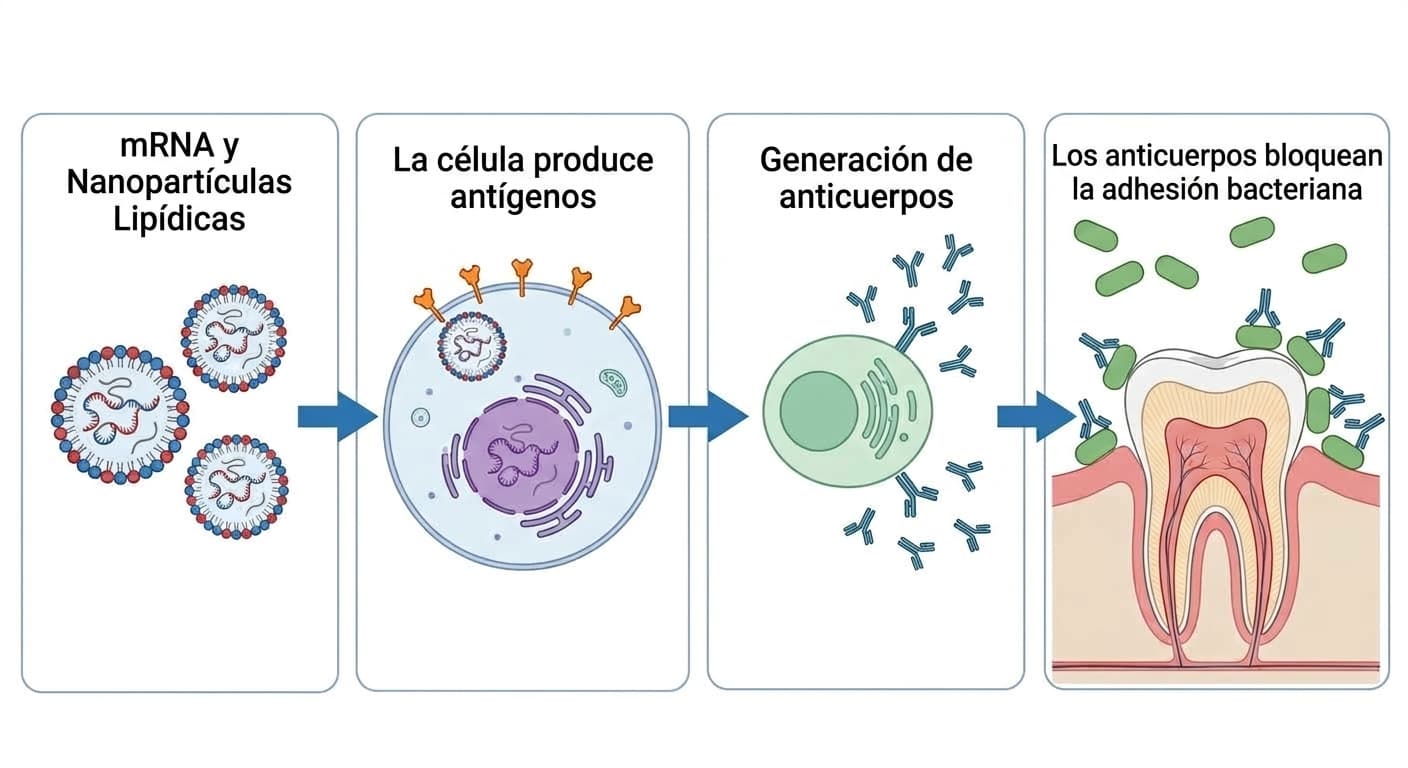 Ilustración en cuatro etapas del proceso en el que el ARNm contenido en nanopartículas lipídicas entra en la célula y produce el antígeno, las células inmunitarias lo reconocen y generan anticuerpos, y estos anticuerpos impiden la adhesión bacteriana a la superficie del diente.