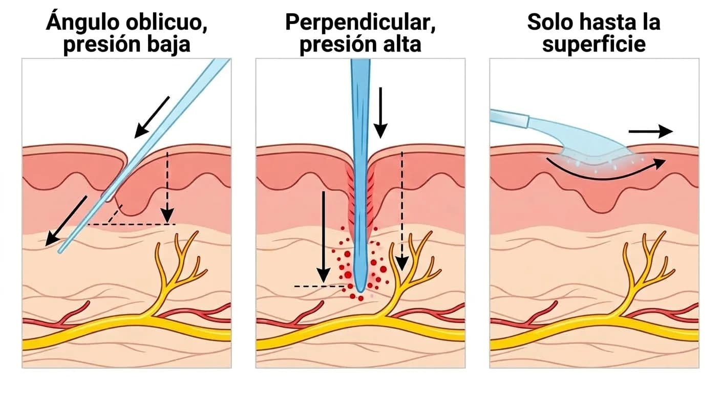 Comparación de la profundidad de penetración del chorro en la mucosa de la encía según el ángulo y la intensidad del disparo. Con un ángulo oblicuo y presión baja, el chorro llega de forma superficial hasta cerca del haz nervioso; con un ángulo perpendicular y presión alta, penetra profundamente hasta el haz nervioso pero aparece sangrado; y con presión débil, solo se extiende cerca de la superficie de la mucosa sin alcanzar el haz nervioso