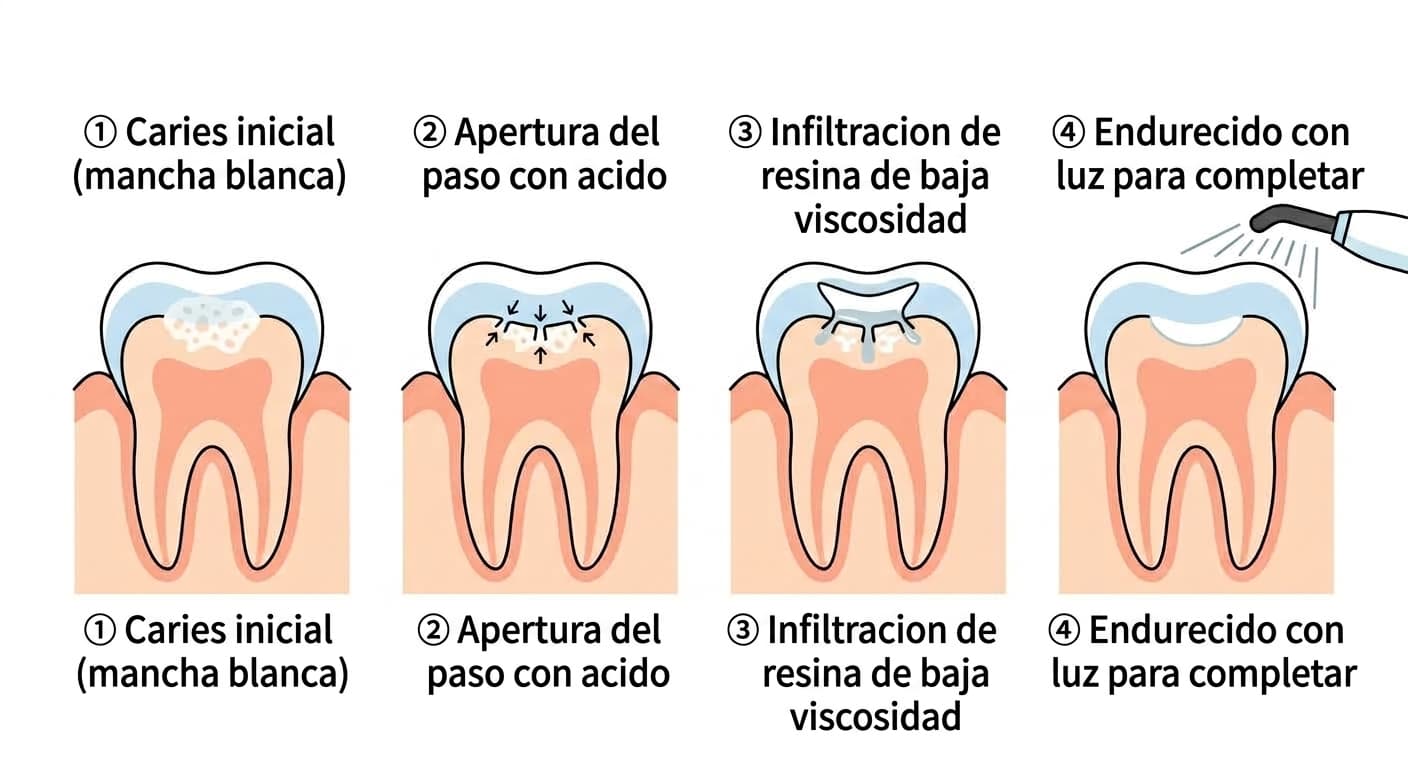 Las cuatro etapas de la infiltración de resina, en orden: el esmalte con mancha blanca, la apertura del paso con ácido, la infiltración de la resina de baja viscosidad y el endurecido con luz para completar el tratamiento
