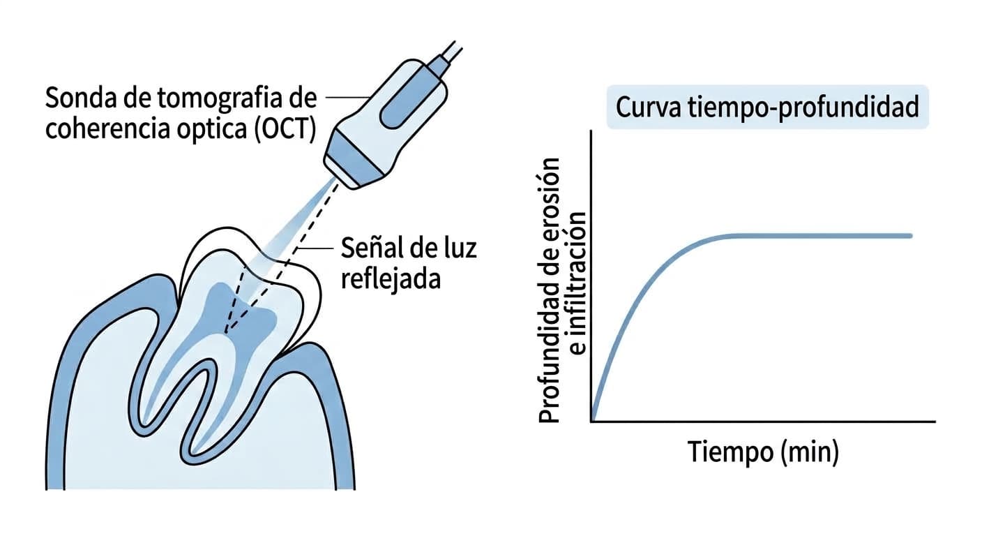 El principio por el cual la sonda de tomografía de coherencia óptica (OCT) proyecta luz sobre el diente y mide la profundidad de erosión e infiltración a partir de la señal reflejada, junto con la curva tiempo-profundidad que aumenta y luego se detiene