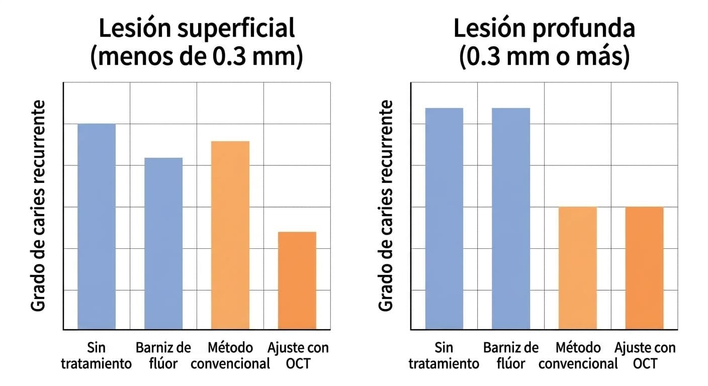 Gráfica que compara el grado de caries recurrente entre la ausencia de tratamiento, el barniz de flúor, la infiltración de resina convencional y la infiltración de resina ajustada con OCT, en lesiones superficiales y profundas. En las lesiones superficiales, el método ajustado con OCT tuvo la menor caries recurrente; en las lesiones profundas, el método convencional y el ajustado con OCT tuvieron niveles similares y bajos de caries recurrente