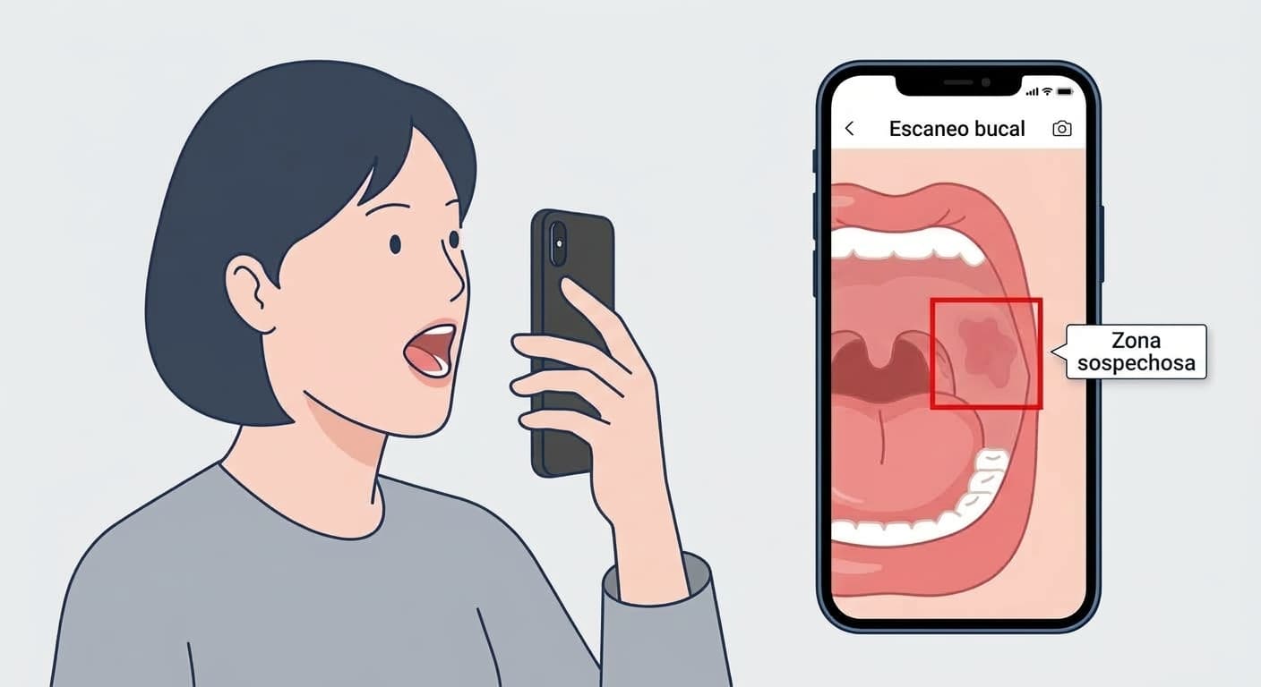 Ilustración conceptual de una IA que marca con un recuadro rojo la zona de una lesión sospechosa en la pantalla al fotografiar el interior de la boca con un smartphone