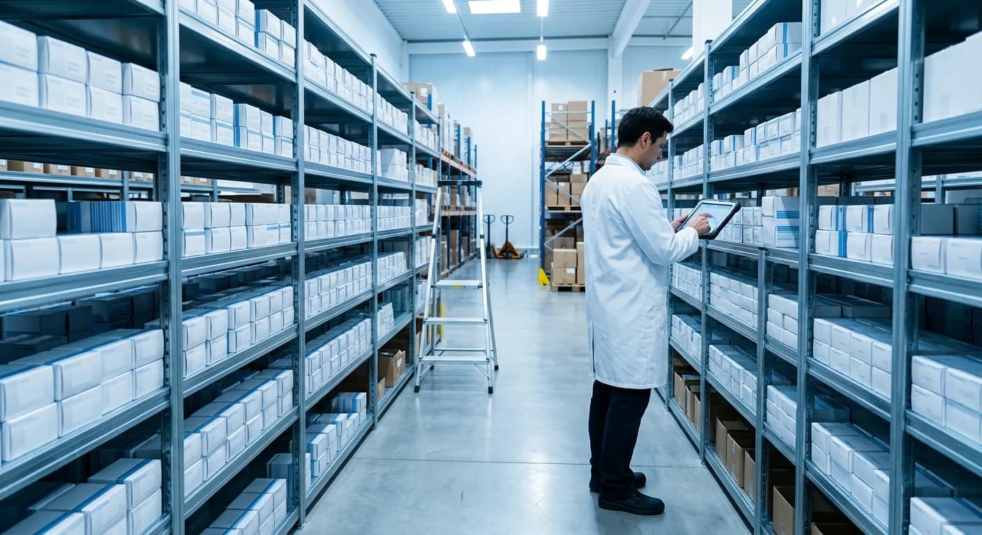 Un trabajador con bata blanca revisa cajas de productos en los estantes de un almacén de distribución médica
