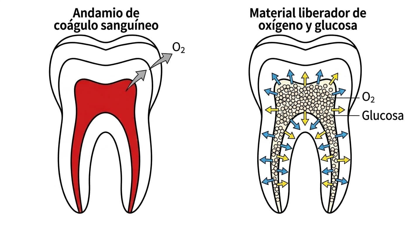 Diagrama de corte dental que compara el andamio de coágulo sanguíneo de la endodoncia regenerativa convencional con el nuevo material que distribuye oxígeno y glucosa de manera uniforme por todo el conducto radicular