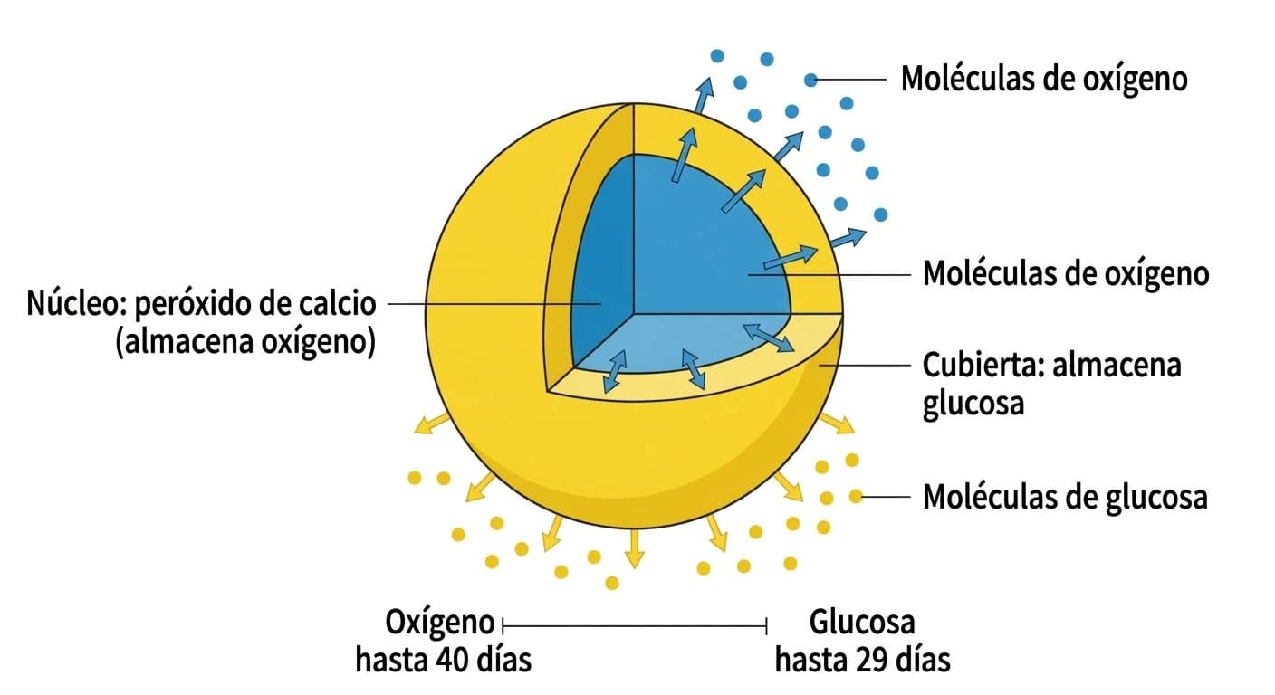 Diagrama de corte de un material liberador con forma de esfera, compuesto por un núcleo que almacena oxígeno y una cubierta que almacena glucosa, junto con el período de liberación de cada sustancia