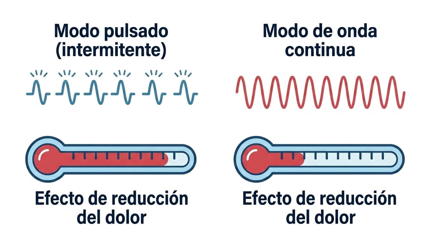 Comparación mediante formas de onda entre el láser pulsado (emisión intermitente) y el láser de onda continua (emisión ininterrumpida), con el efecto de reducción del dolor de cada uno representado en un termómetro.